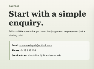 Spruce & Spirit contact page preview
